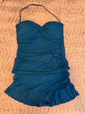 La Blanca Teal Blue Ruched Swim Tankini Set with Ruffle Hem Island Goddess 12